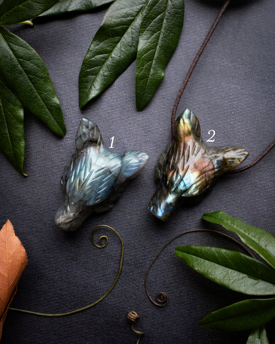 Labradorite Hand Carved Wolf Necklace