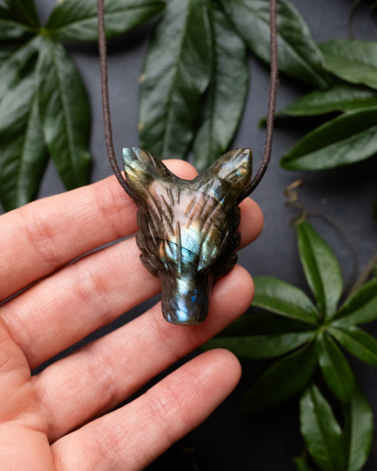 Labradorite Hand Carved Wolf Necklace