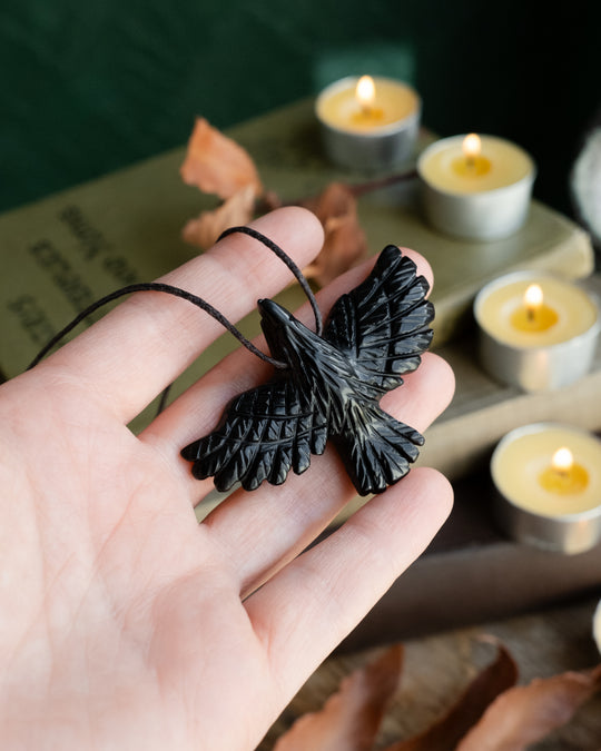 Large Obsidian Hand Carved Raven Necklace