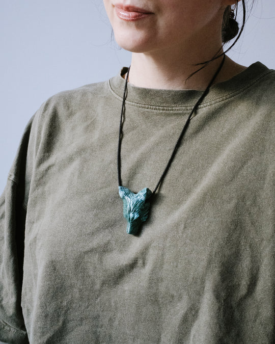 Large Rainbow Chrysocolla Hand Carved Wolf Necklace