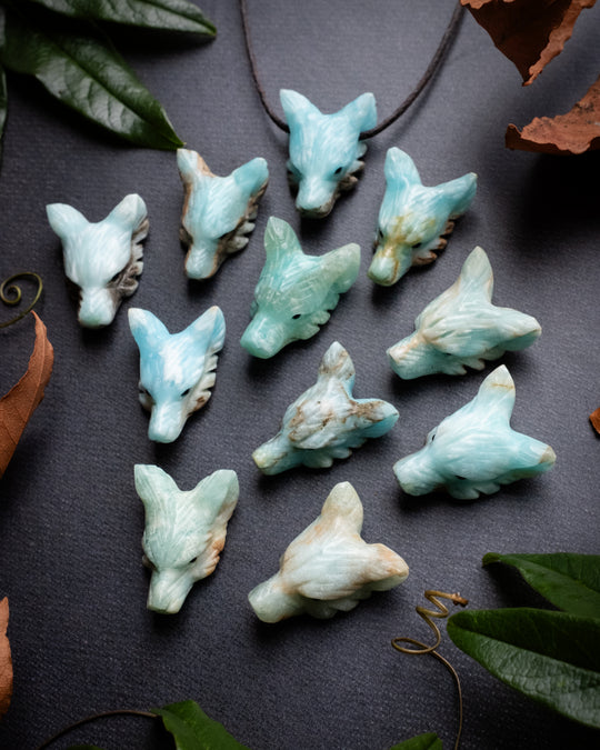 Small Larimar Hand Carved Wolf Necklace