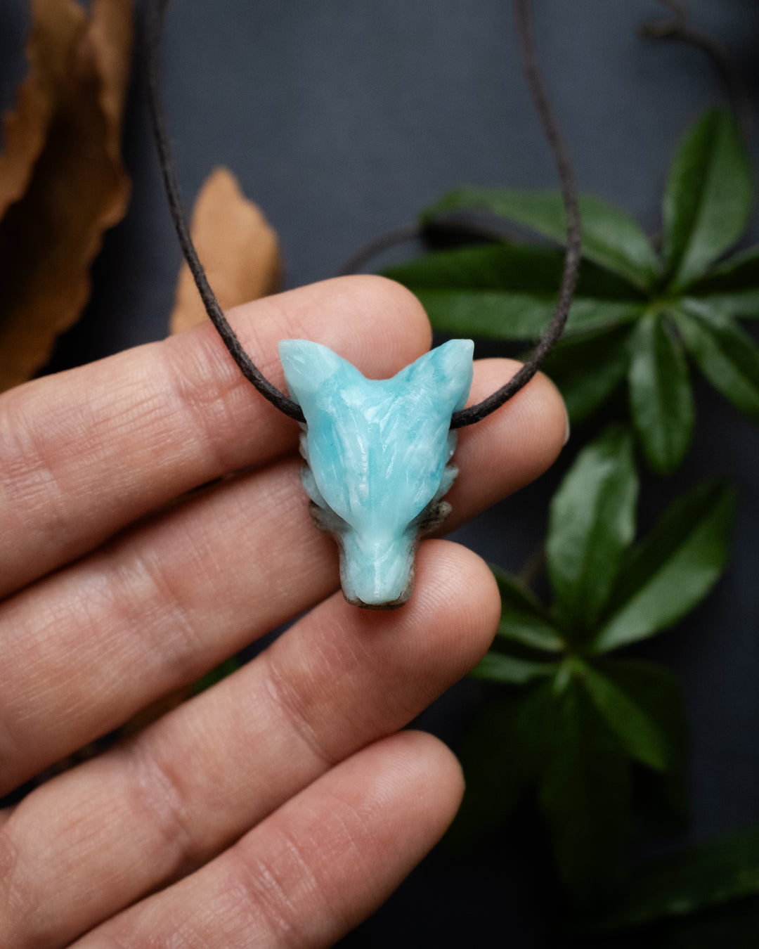 Small Larimar Hand Carved Wolf Necklace