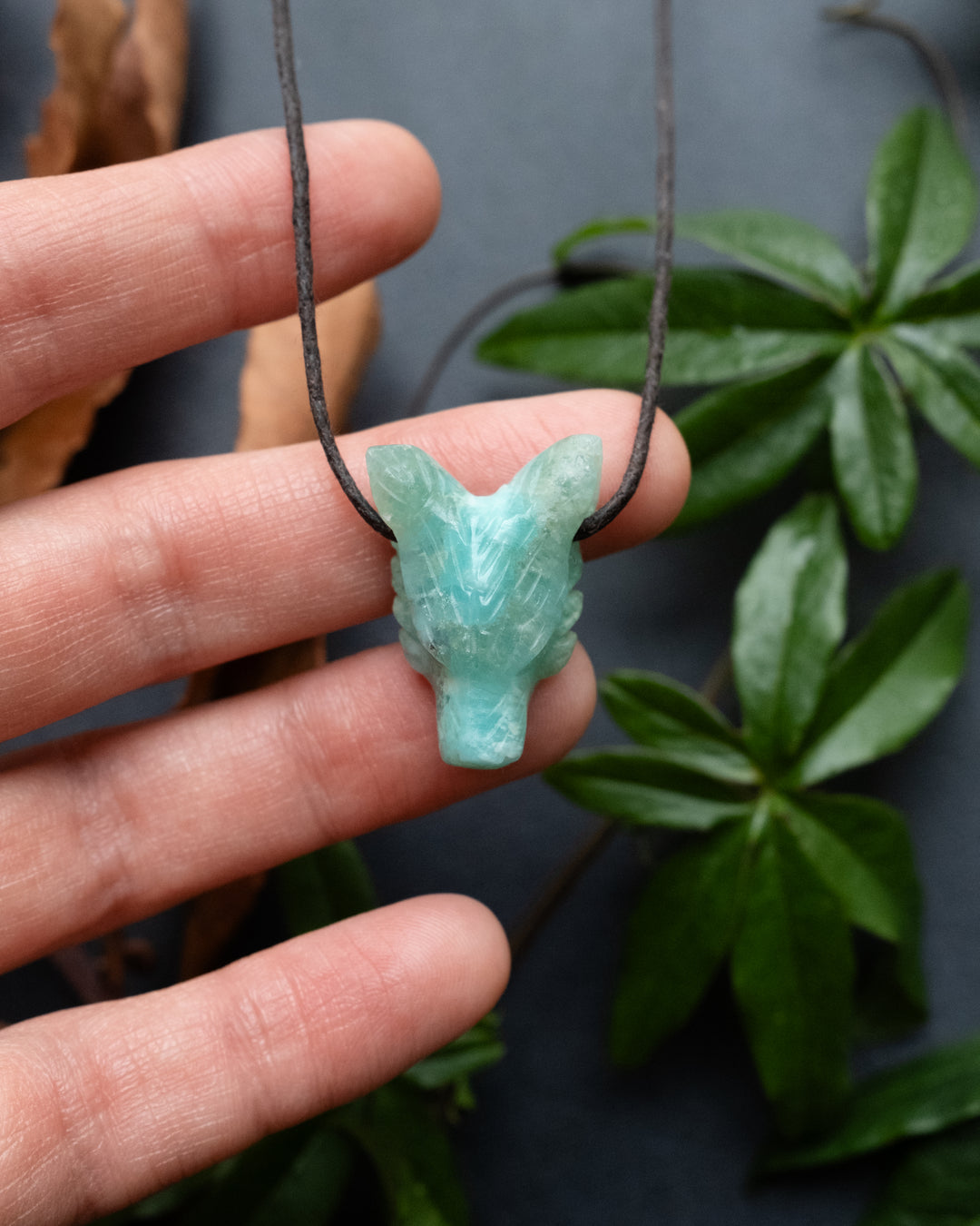 Small Larimar Hand Carved Wolf Necklace