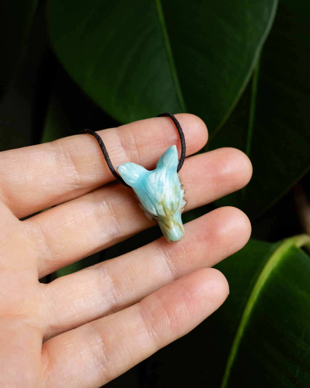 Small Larimar Hand Carved Wolf Necklace