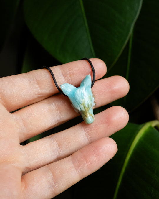 Small Larimar Hand Carved Wolf Necklace