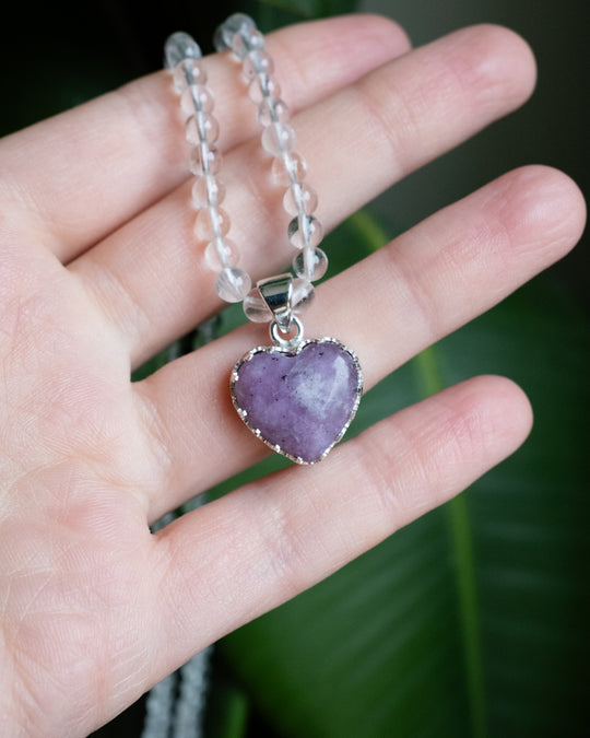 Lepidolite Heart Sterling Silver Gallery Beaded Necklace - The Healing Pear