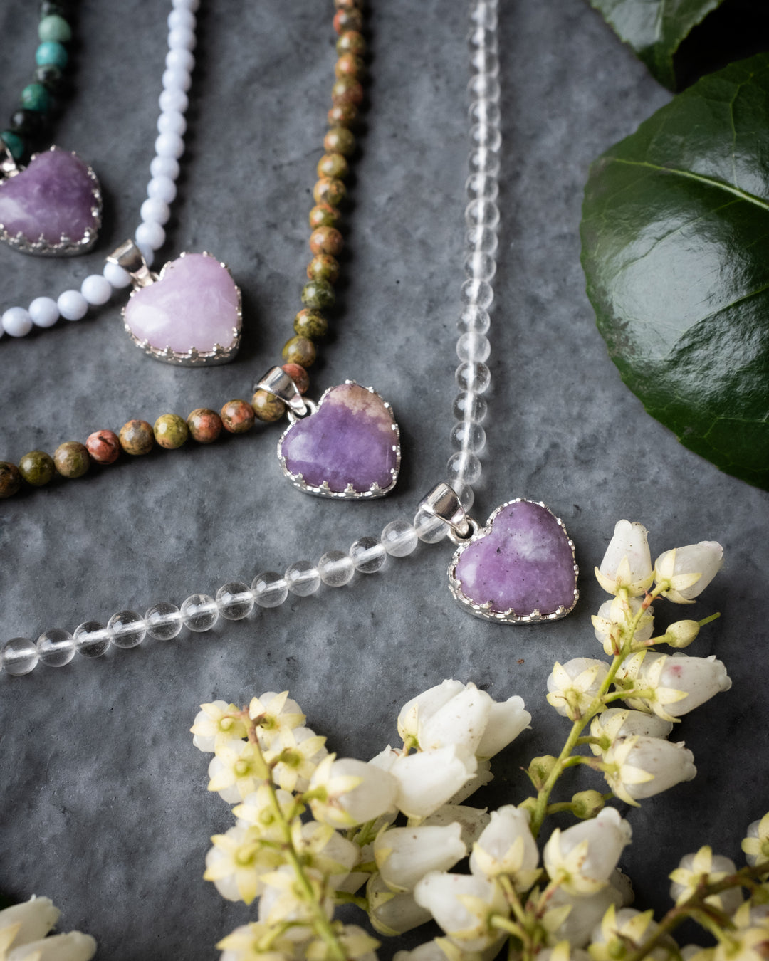 Lepidolite Heart Sterling Silver Gallery Beaded Necklace - The Healing Pear