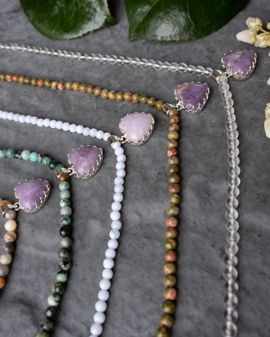 Lepidolite Heart Sterling Silver Gallery Beaded Necklace - The Healing Pear