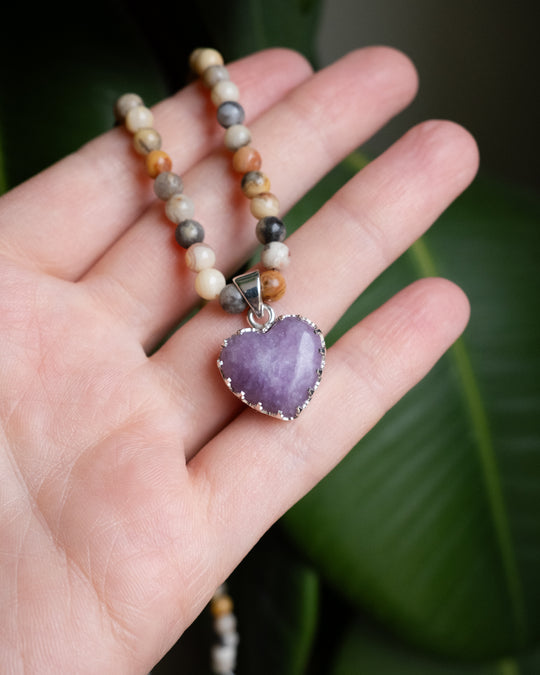 Lepidolite Heart Sterling Silver Gallery Beaded Necklace - The Healing Pear