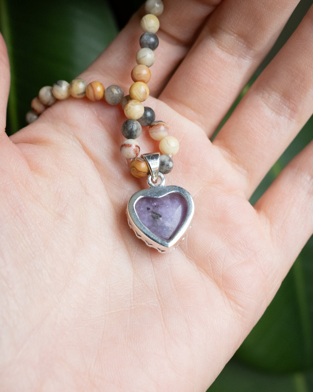 Lepidolite Heart Sterling Silver Gallery Beaded Necklace - The Healing Pear