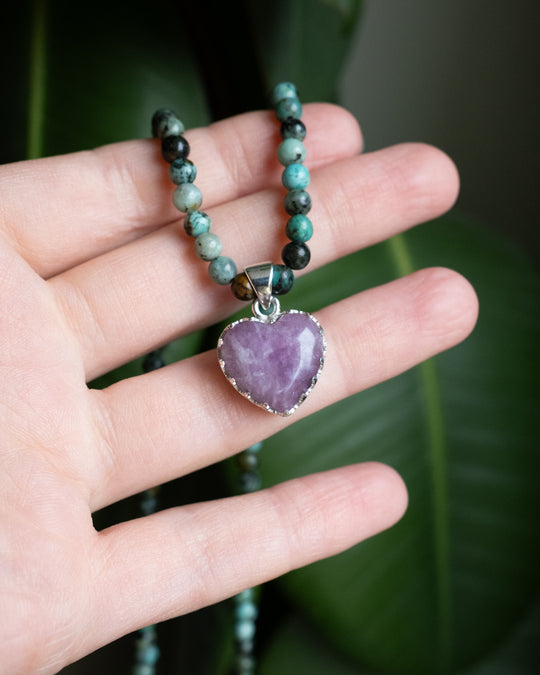 Lepidolite Heart Sterling Silver Gallery Beaded Necklace - The Healing Pear