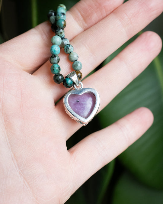 Lepidolite Heart Sterling Silver Gallery Beaded Necklace - The Healing Pear