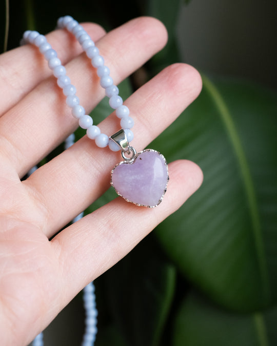 Lepidolite Heart Sterling Silver Gallery Beaded Necklace - The Healing Pear