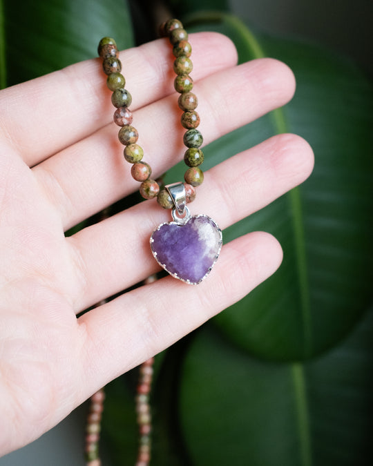 Lepidolite Heart Sterling Silver Gallery Beaded Necklace - The Healing Pear