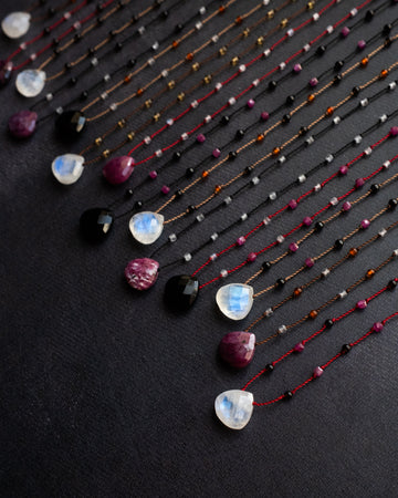 Rainbow Moonstone / Ruby / Black Onyx Hand Knotted Beaded Necklace