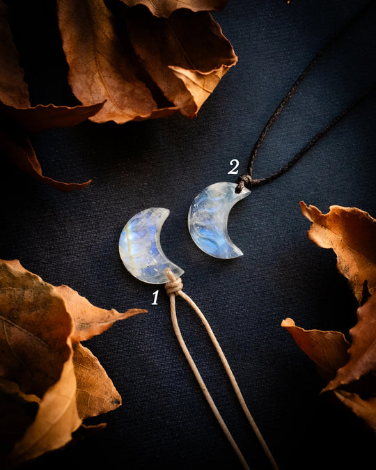 Rainbow Moonstone Hand Carved Lotus Moon Necklace - The Healing Pear