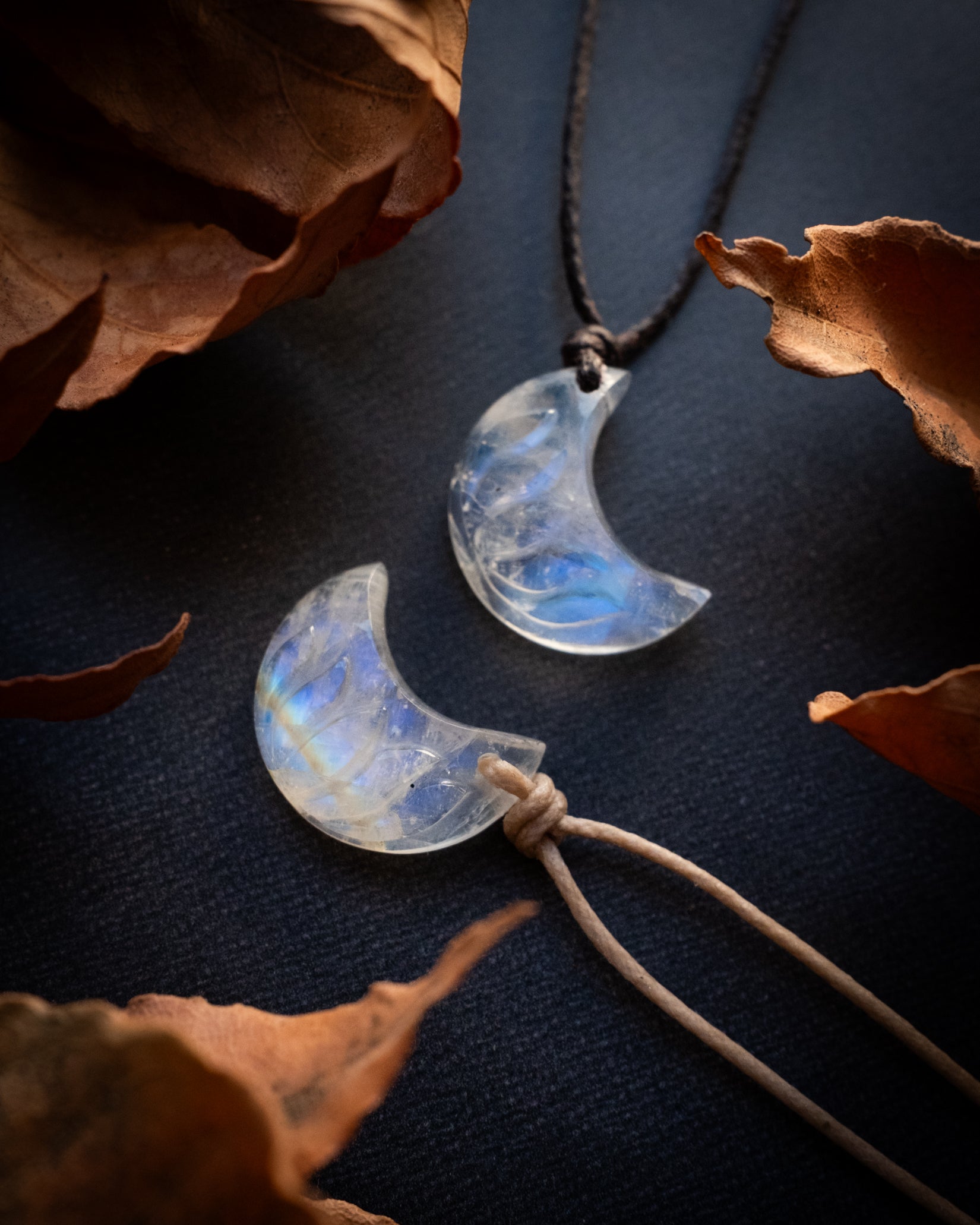 Rainbow Moonstone Hand Carved Lotus Moon Necklace - The Healing Pear