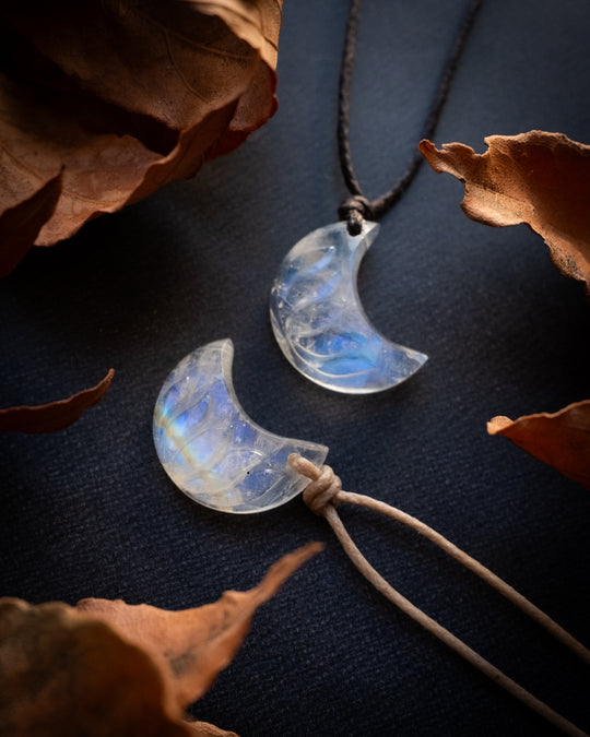 Rainbow Moonstone Hand Carved Lotus Moon Necklace - The Healing Pear