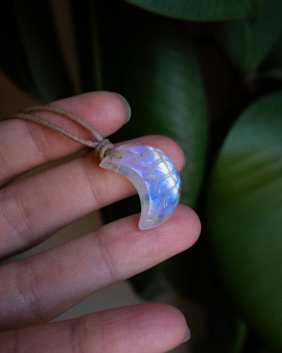 Rainbow Moonstone Hand Carved Lotus Moon Necklace - The Healing Pear