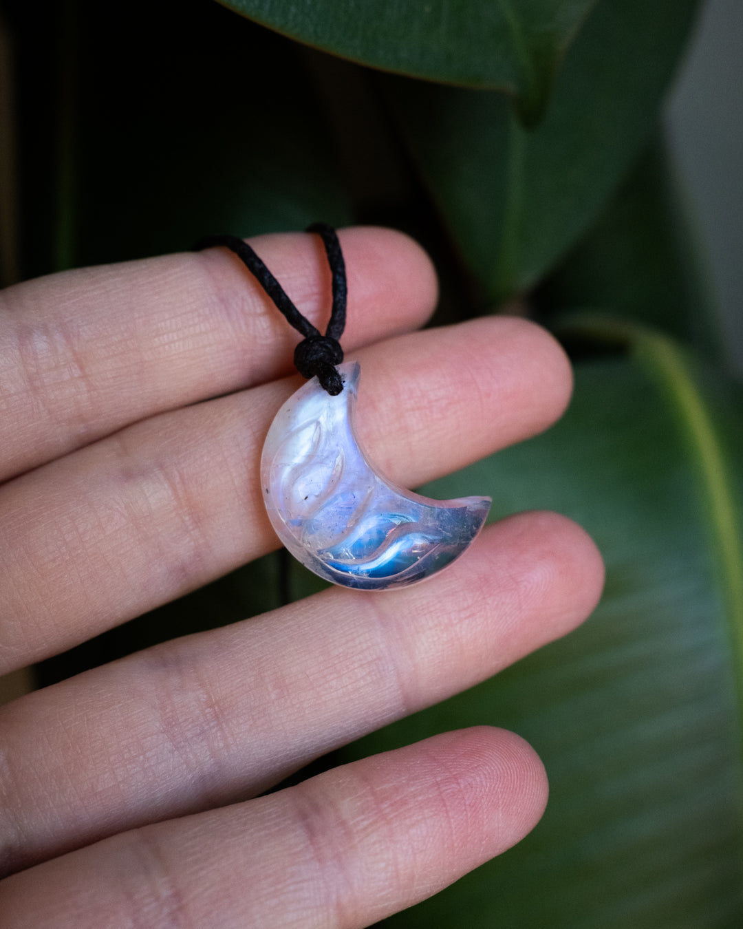 Rainbow Moonstone Hand Carved Lotus Moon Necklace - The Healing Pear