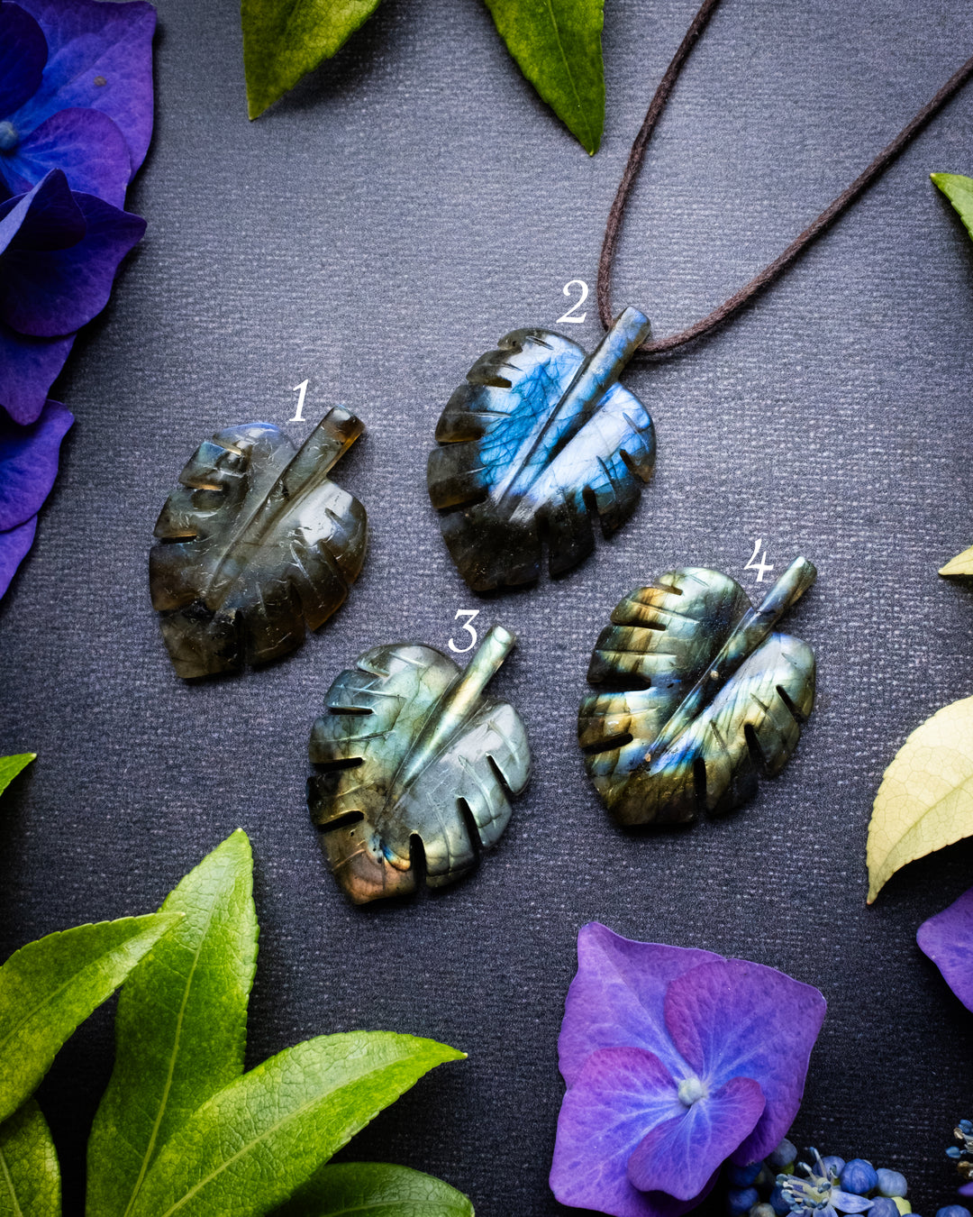 Labradorite Hand Carved Monstera / Cheese Plant Necklace