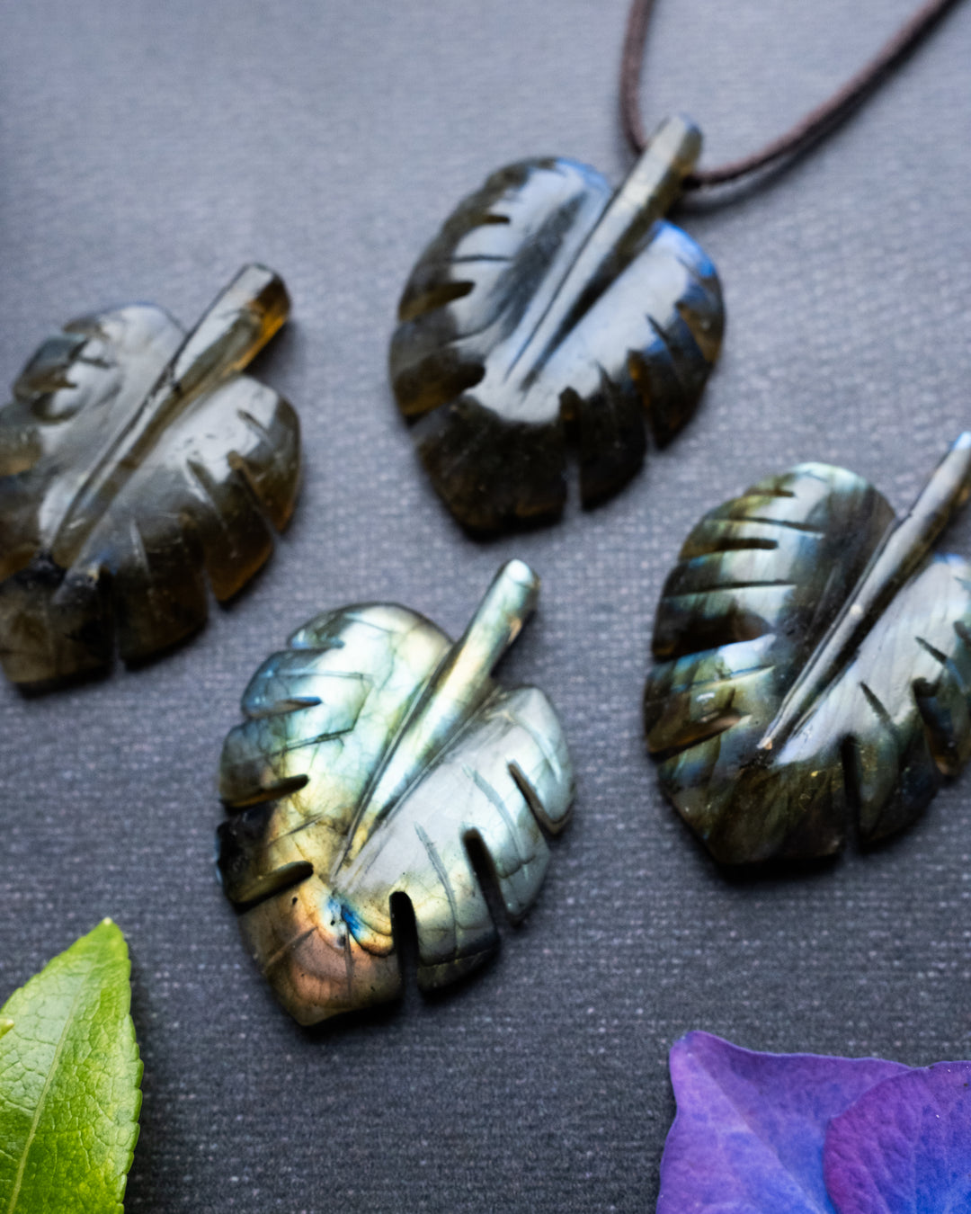 Labradorite Hand Carved Monstera / Cheese Plant Necklace