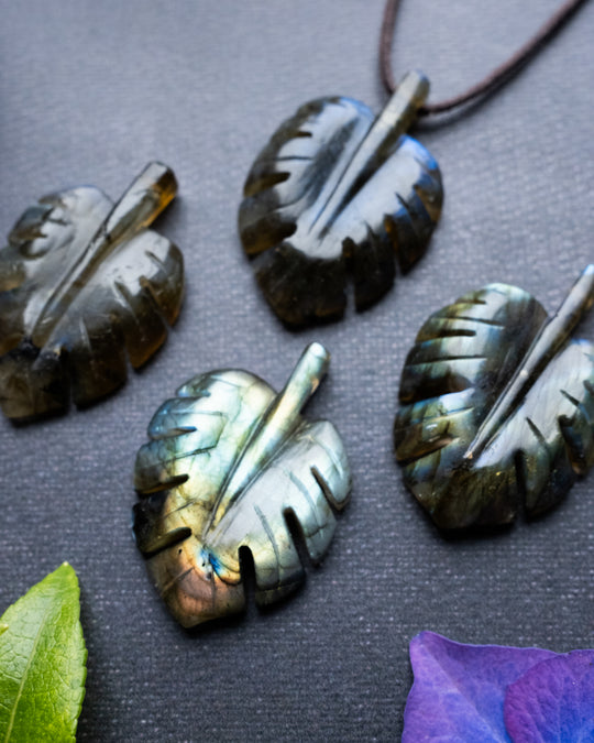 Labradorite Hand Carved Monstera / Cheese Plant Necklace