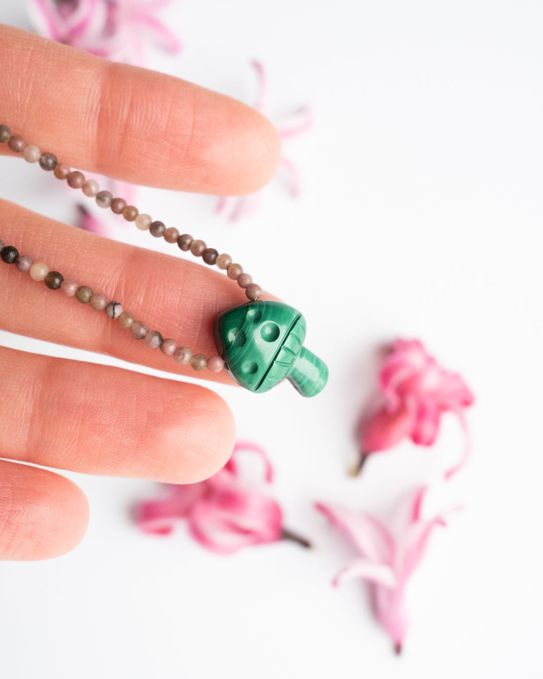 Malachite Hand Carved Toadstool & Rhodochrosite Beaded Necklace