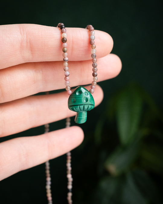 Malachite Hand Carved Toadstool & Rhodochrosite Beaded Necklace