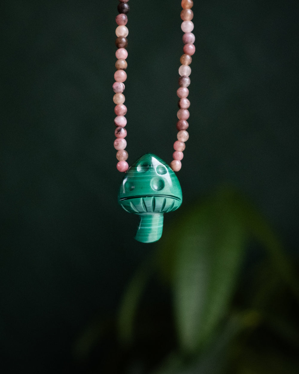 Malachite Hand Carved Toadstool & Rhodochrosite Beaded Necklace
