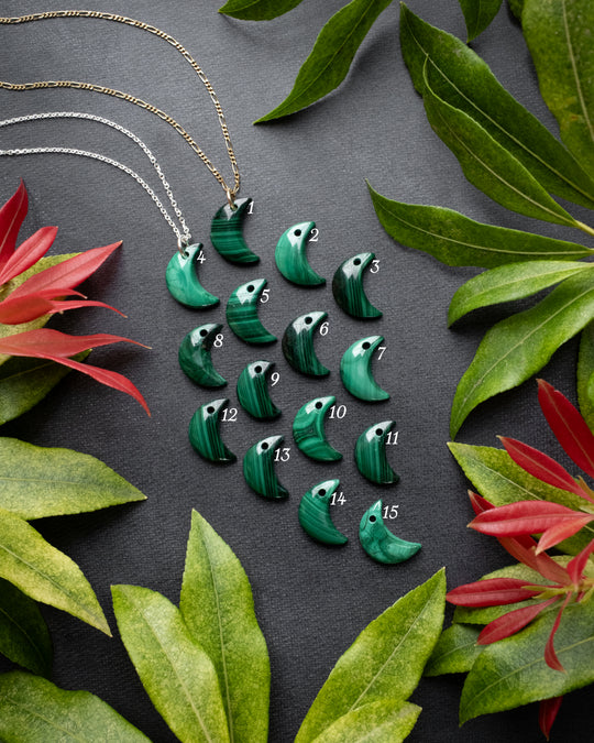 Malachite Crescent Moon Recycled Sterling Silver or Gold Necklace