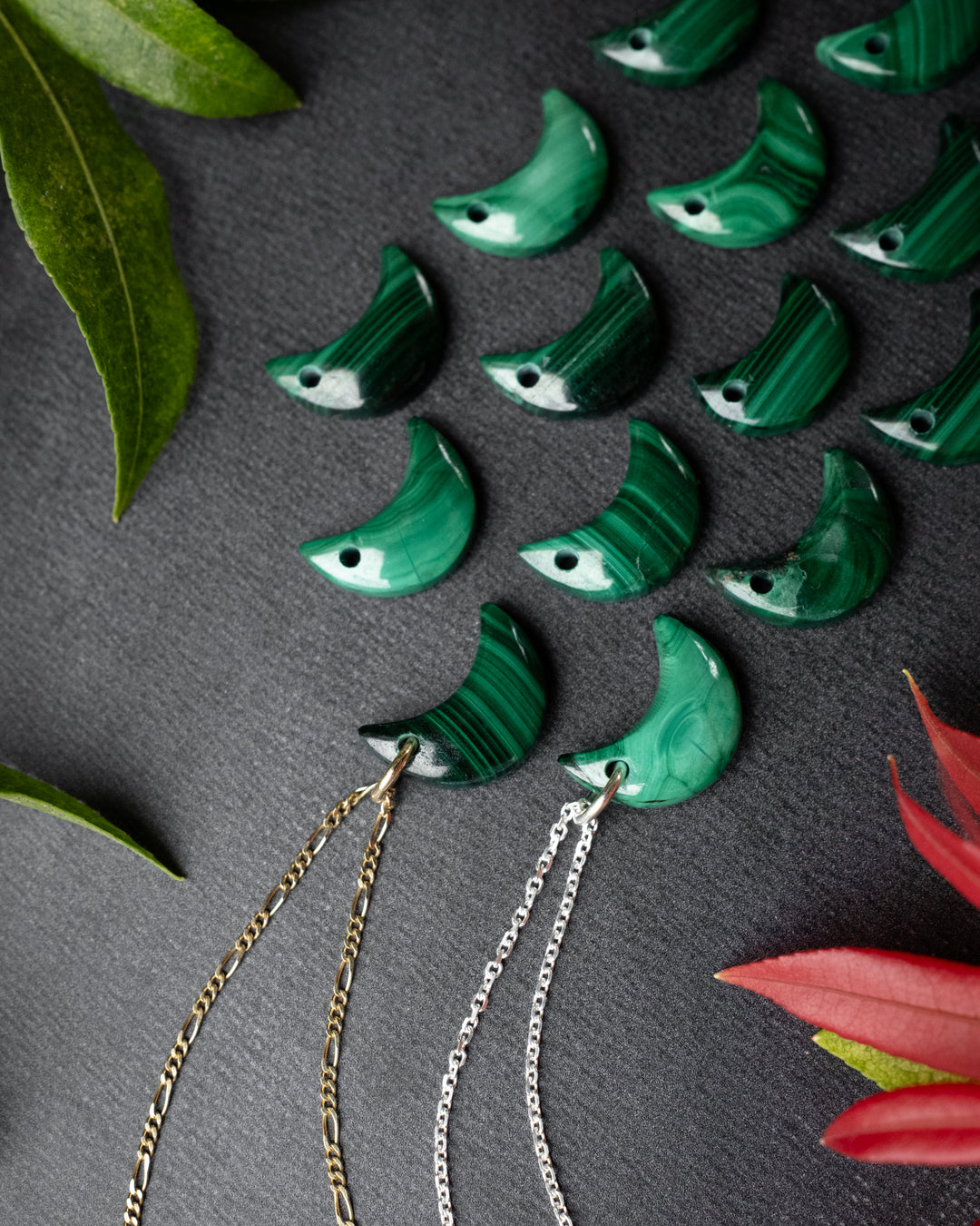 Malachite Crescent Moon Recycled Sterling Silver or Gold Necklace