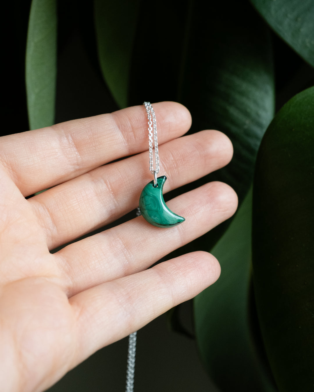 Malachite Crescent Moon Recycled Sterling Silver or Gold Necklace