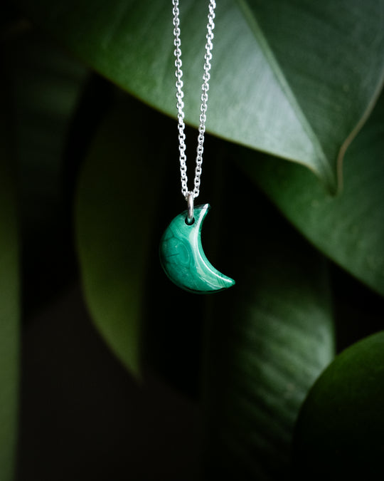 Malachite Crescent Moon Recycled Sterling Silver or Gold Necklace