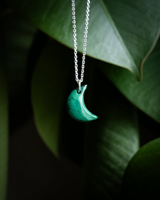 Malachite Crescent Moon Recycled Sterling Silver or Gold Necklace