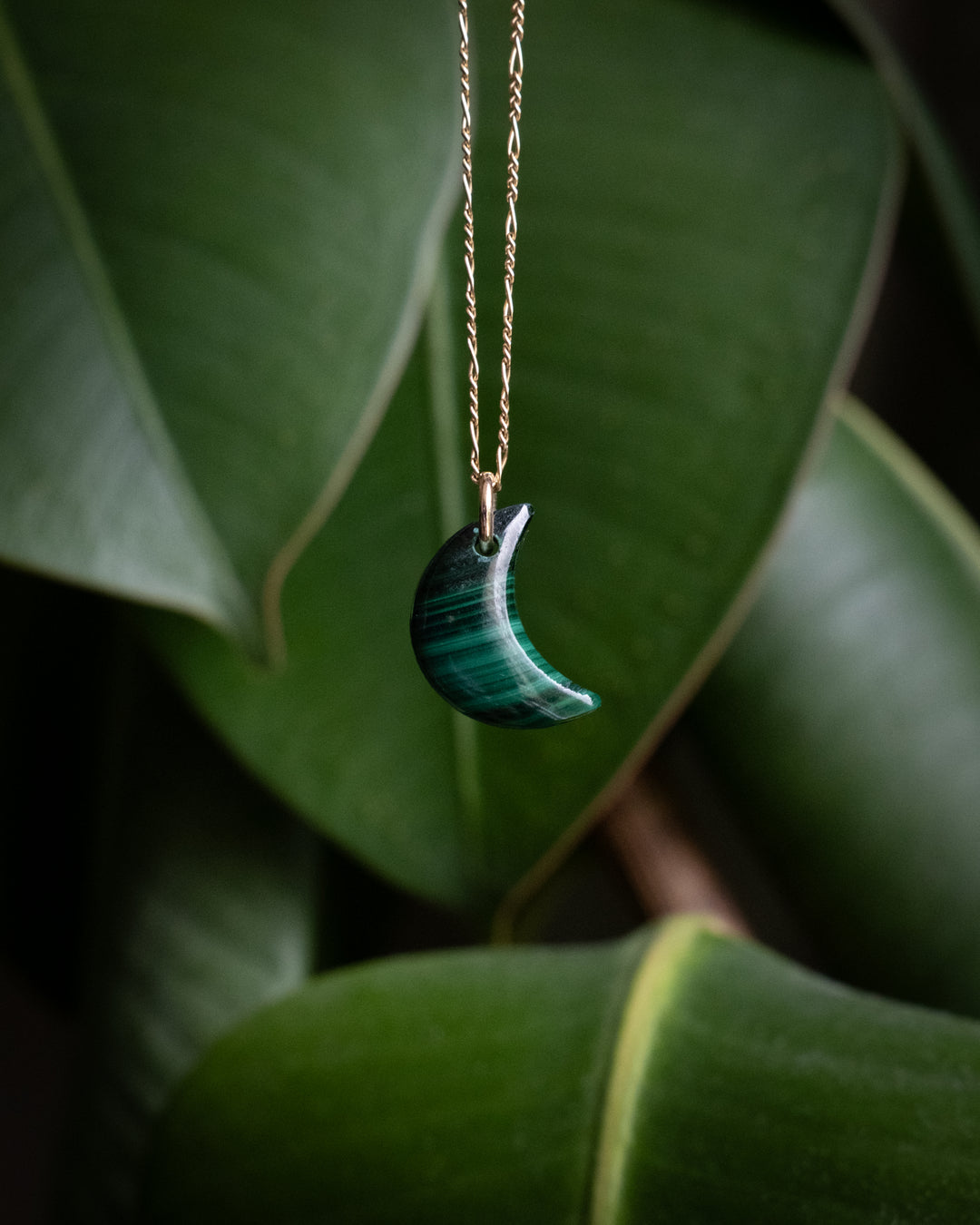 Malachite Crescent Moon Recycled Sterling Silver or Gold Necklace
