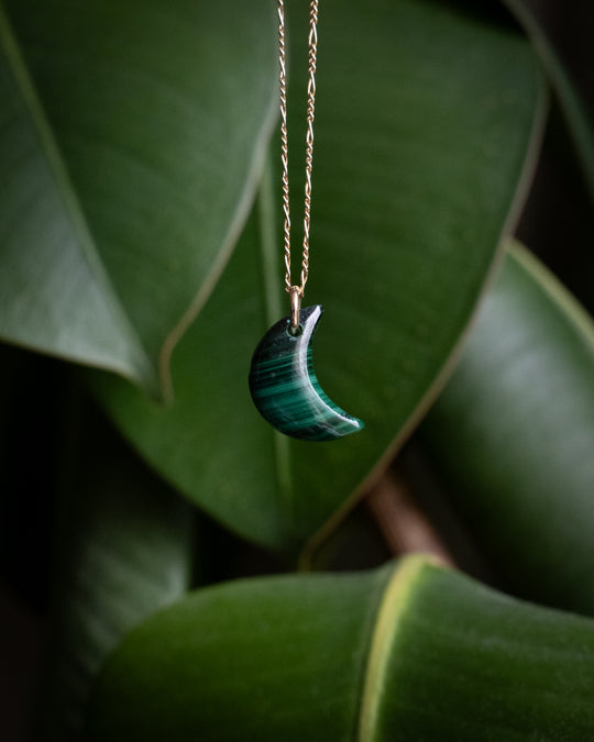 Malachite Crescent Moon Recycled Sterling Silver or Gold Necklace