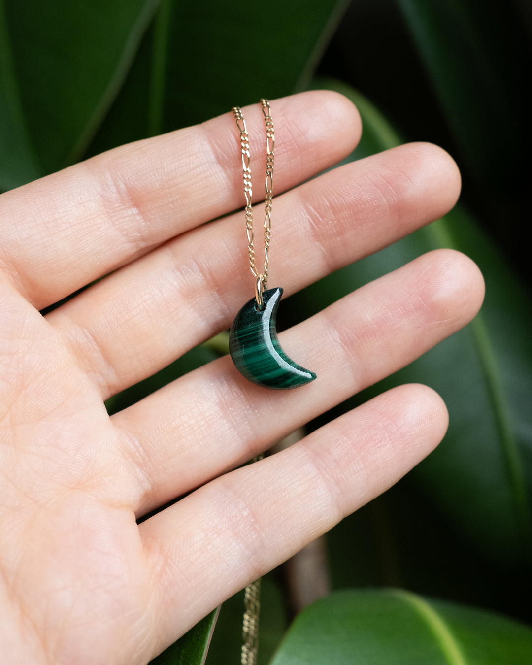 Malachite Crescent Moon Recycled Sterling Silver or Gold Necklace