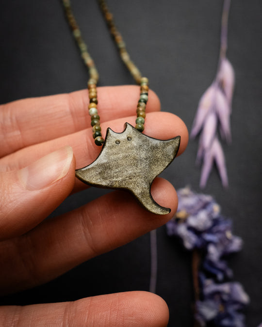 Gold Sheen Obsidian Hand Carved Manta Ray Beaded Necklace - The Healing Pear
