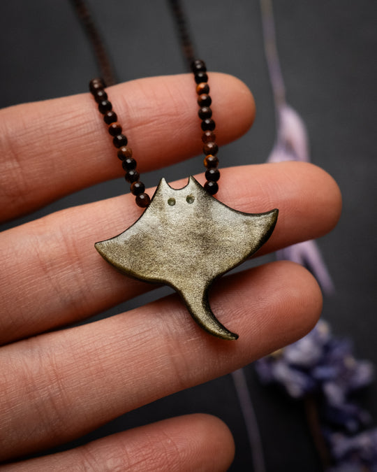 Gold Sheen Obsidian Hand Carved Manta Ray Beaded Necklace - The Healing Pear