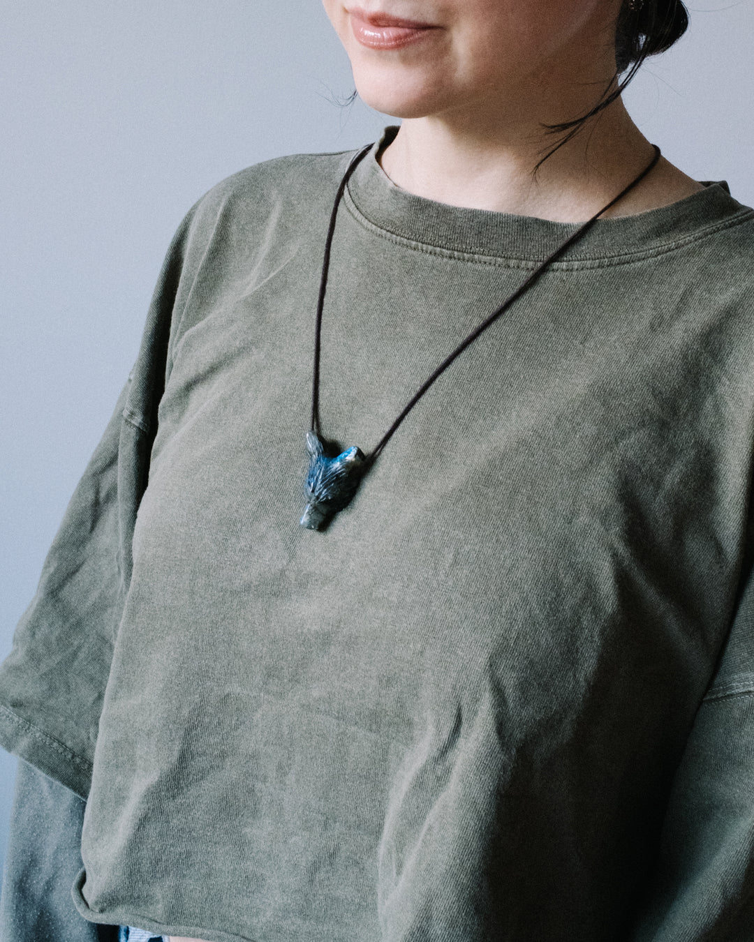 Rainbow Chrysocolla Hand Carved Wolf Necklace