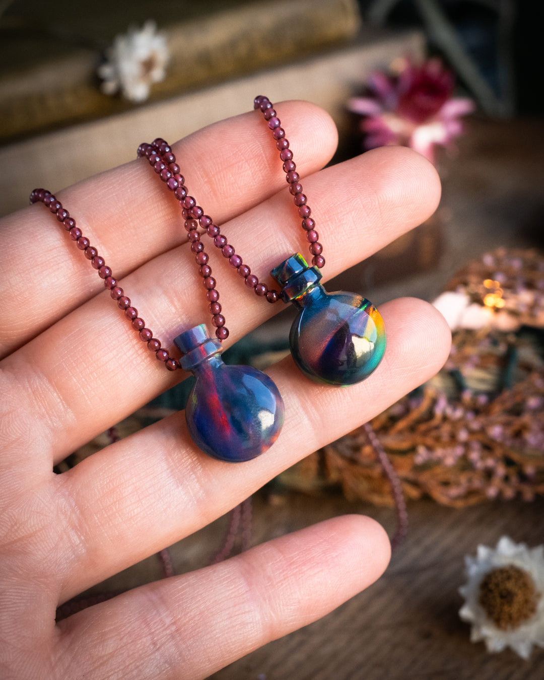 Potion for Passion: Midnight Aura Opal & Garnet Beaded Necklace - The Healing Pear