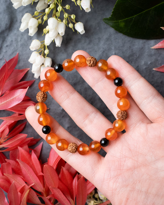 Red Rudraksha, Carnelian &amp; Black Onyx Round Bead Bracelet - The Healing Pear