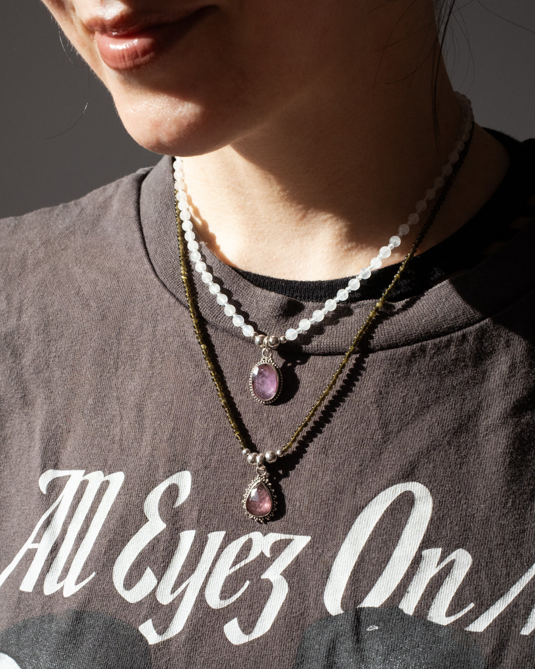 Pink Tourmaline, Natural Citrine &amp; Smoky Quartz Beaded Sterling Silver Necklace - The Healing Pear