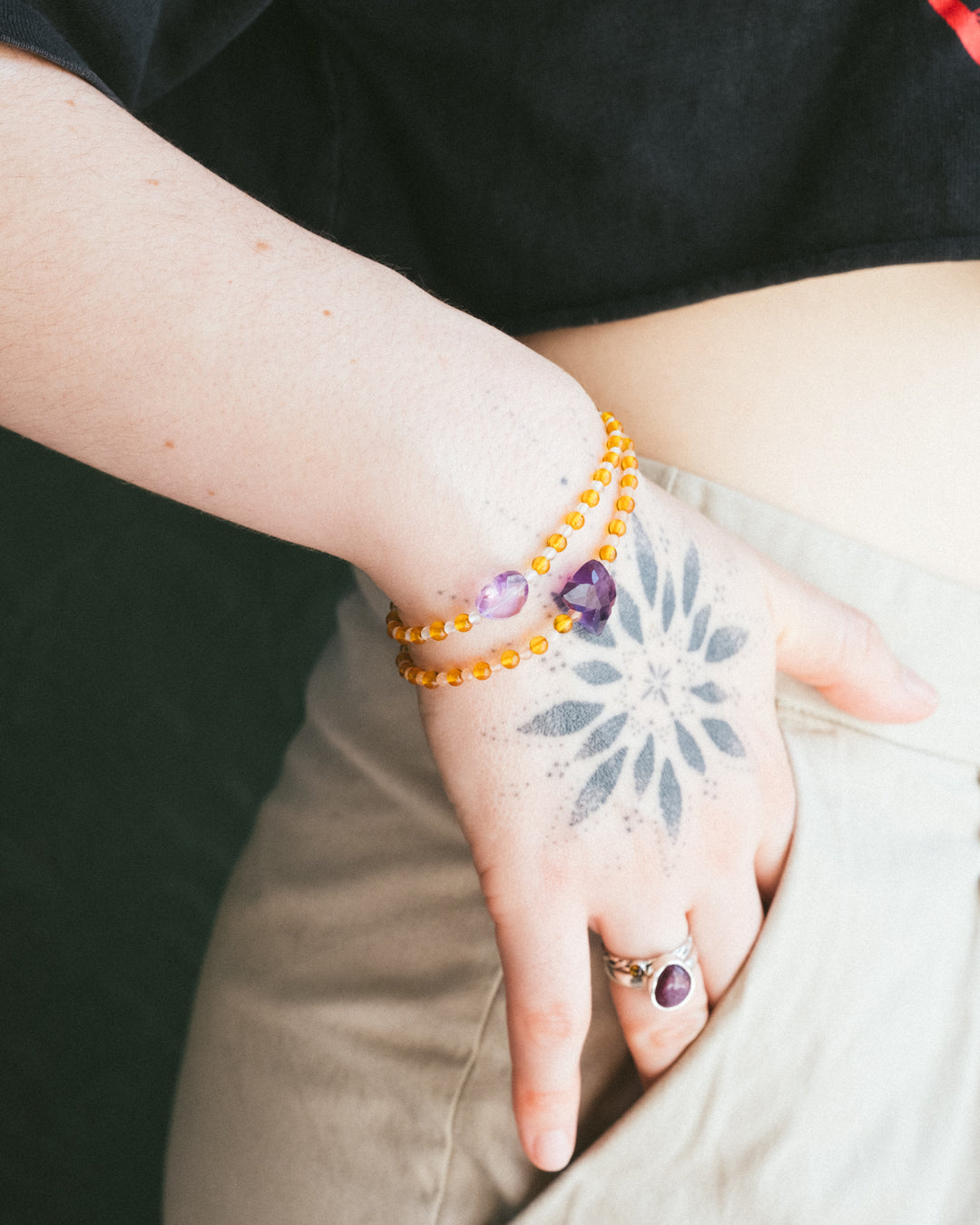 Amethyst Heart, Amber & Black Spinel 9ct Gold Beaded Bracelet - The Healing Pear