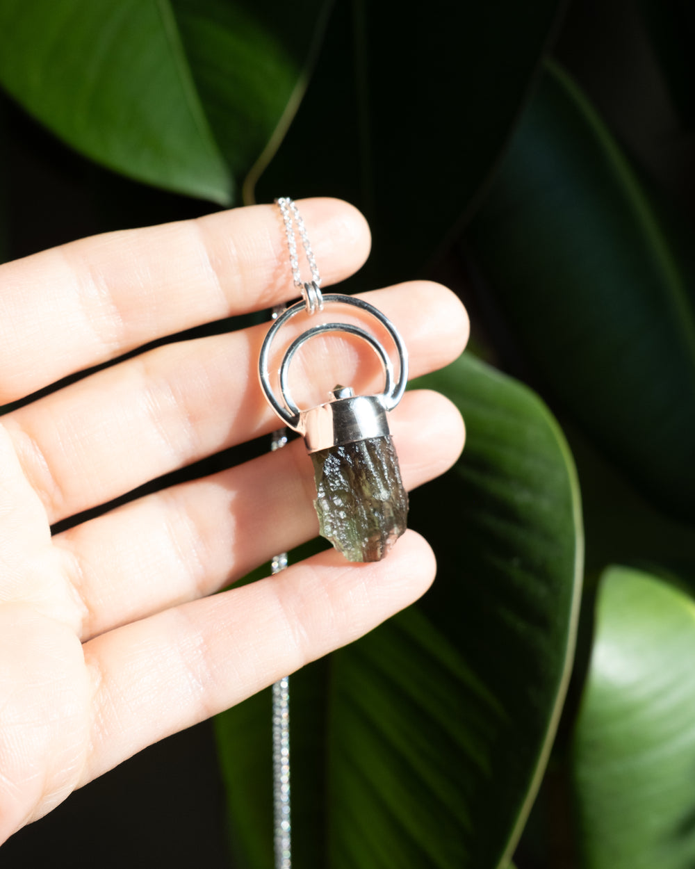 Raw Moldavite & Peridot Moon Bail Sterling Silver Necklace