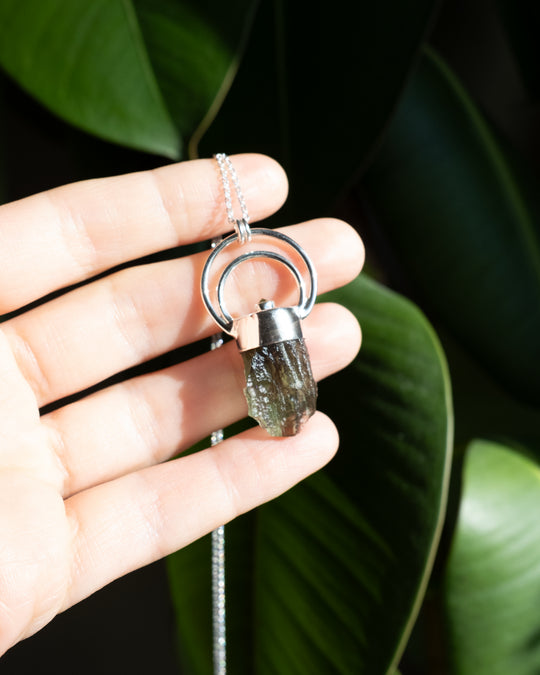 Raw Moldavite &amp; Peridot Moon Bail Sterling Silver Necklace