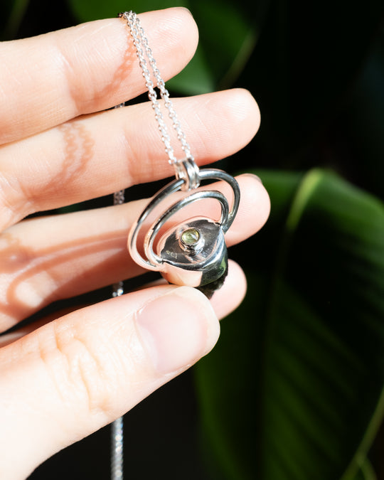 Raw Moldavite &amp; Peridot Moon Bail Sterling Silver Necklace