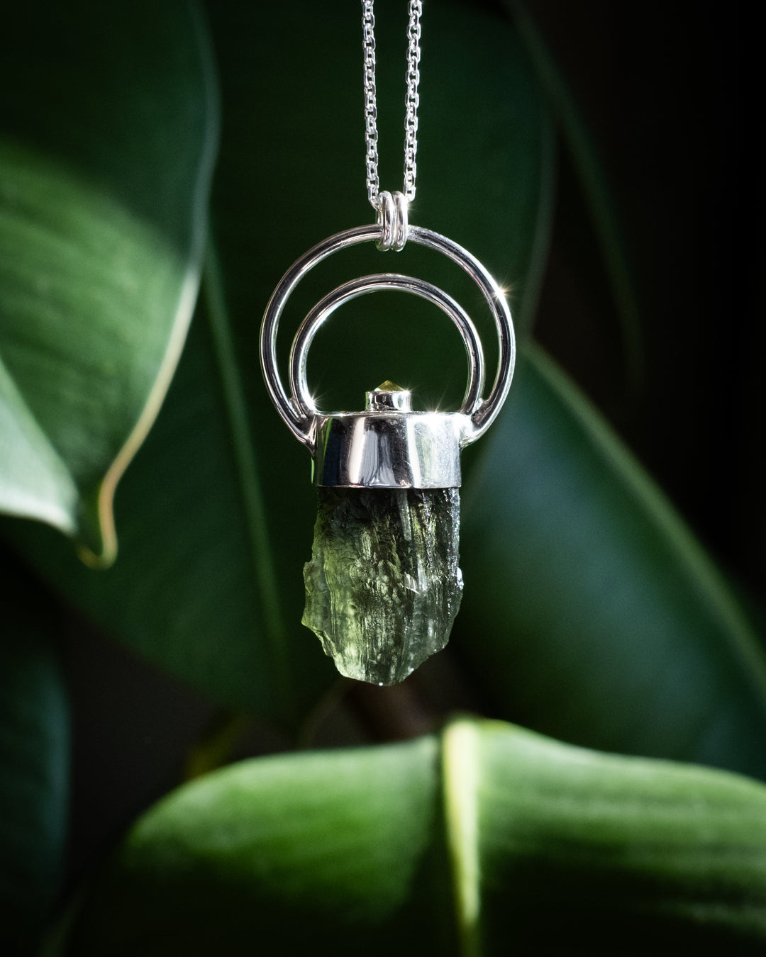 Raw Moldavite &amp; Peridot Moon Bail Sterling Silver Necklace