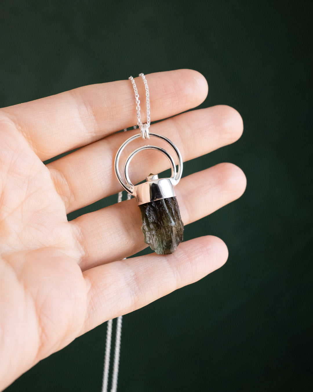 Raw Moldavite &amp; Peridot Moon Bail Sterling Silver Necklace